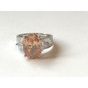 Orange Oval Citrine Color Three Stone Cocktail Ring Silver Size 9.25